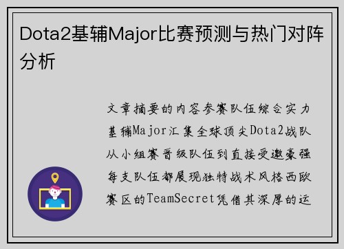 Dota2基辅Major比赛预测与热门对阵分析