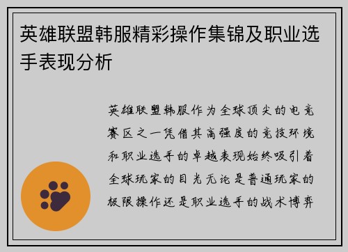 英雄联盟韩服精彩操作集锦及职业选手表现分析