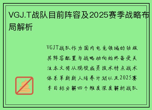 VGJ.T战队目前阵容及2025赛季战略布局解析