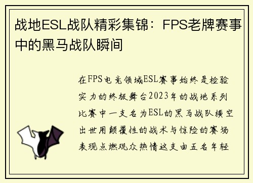战地ESL战队精彩集锦：FPS老牌赛事中的黑马战队瞬间